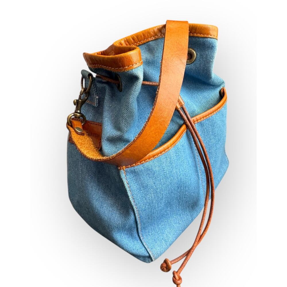 Parker Thatch Morgan Denim Leather Bucket Bag Rare Edition Drawstring EUC - Picture 14 of 16